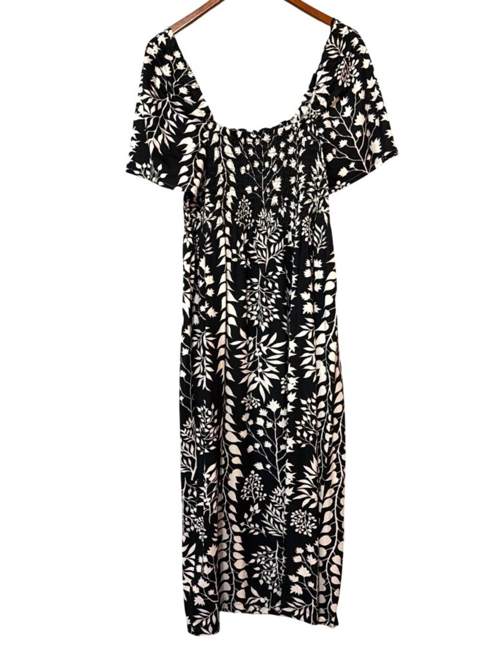 H&M Floral Maxi Dress Smocked Waist Short Sleeves Size M milkmaid cottage - Picture 3 of 7